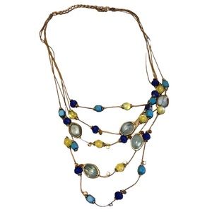 Layered necklace blue green stones gold tone chain